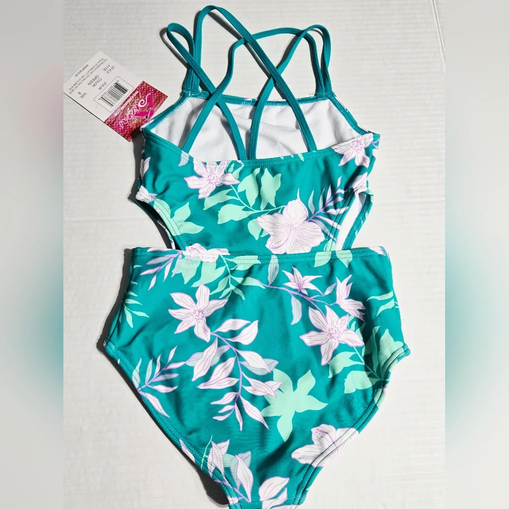 Kanu Surf Girls One Piece Swimsuit Size 8 Green Floral Cutout Crisscross Back